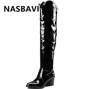 

NASBAVI 2019 new leopard Women Sexy long boots Over the knee Pointed mid heel set head boot Bare boots black