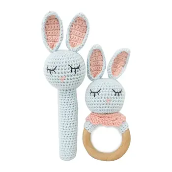 

2Pcs/Set Baby Wood Teether Ring DIY Crochet Bunny Chew Teething Nursing Soother