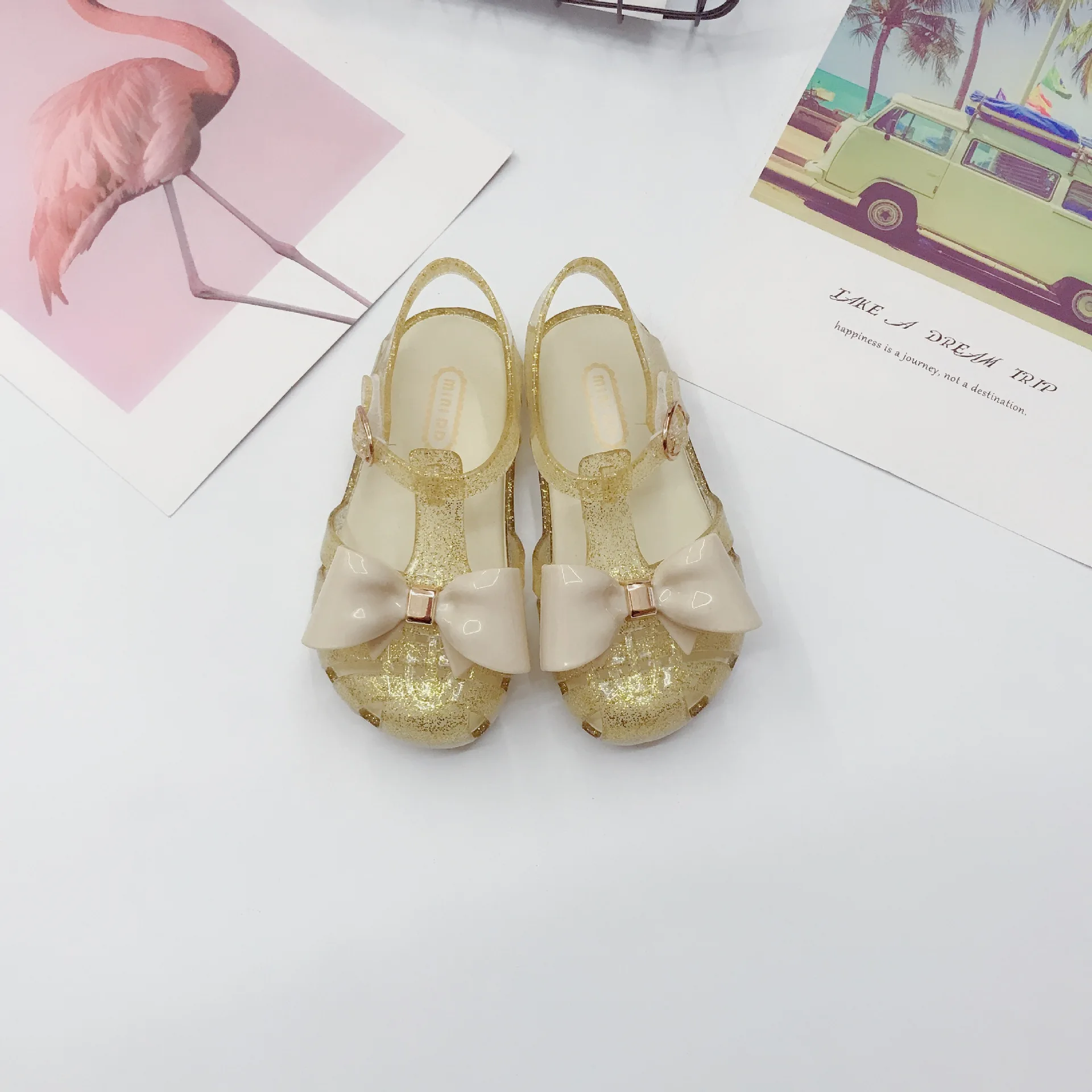 Мини Melissa/прозрачная обувь; детские сандалии для девочек; красивая обувь с бантом; повседневная обувь для девочек; Серебристые детские сандалии на плоской подошве; дышащие Нескользящие