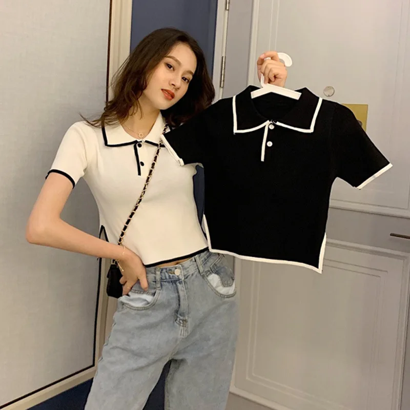 

Xisteps Ice Silk Knitted Women Short Pullover Sweater Female Polo Neck Short Sleeve Elegant 2021 Spring Ladies Tops Comfort