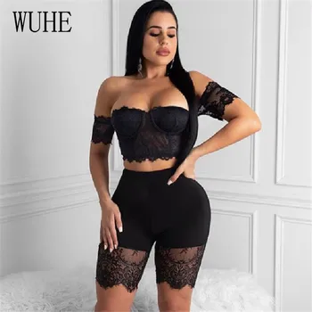 

WUHE Two Pieces Set Sexy Lace Patchwork Jumpsuits Women Off Shoulder Sleeveless Bodycon Bandage Romper Party Short Playsuits