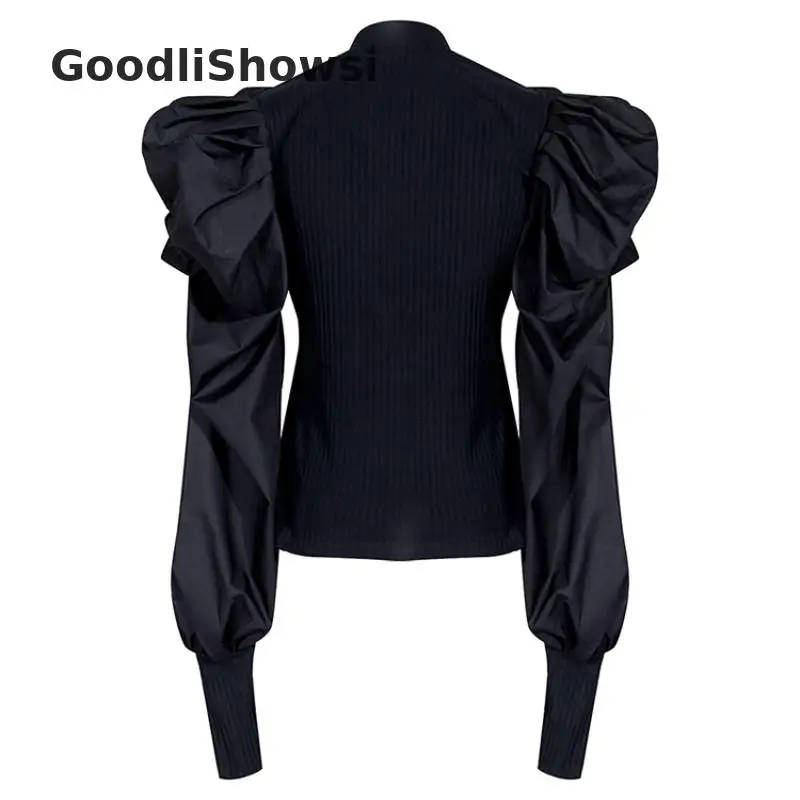 GoodliShowsi, весна, модные пышные вязанные топы, однотонный цвет, воротник-макет, длинный рукав, повседневные, шикарные, женские обтягивающие, облегающие, вязаные