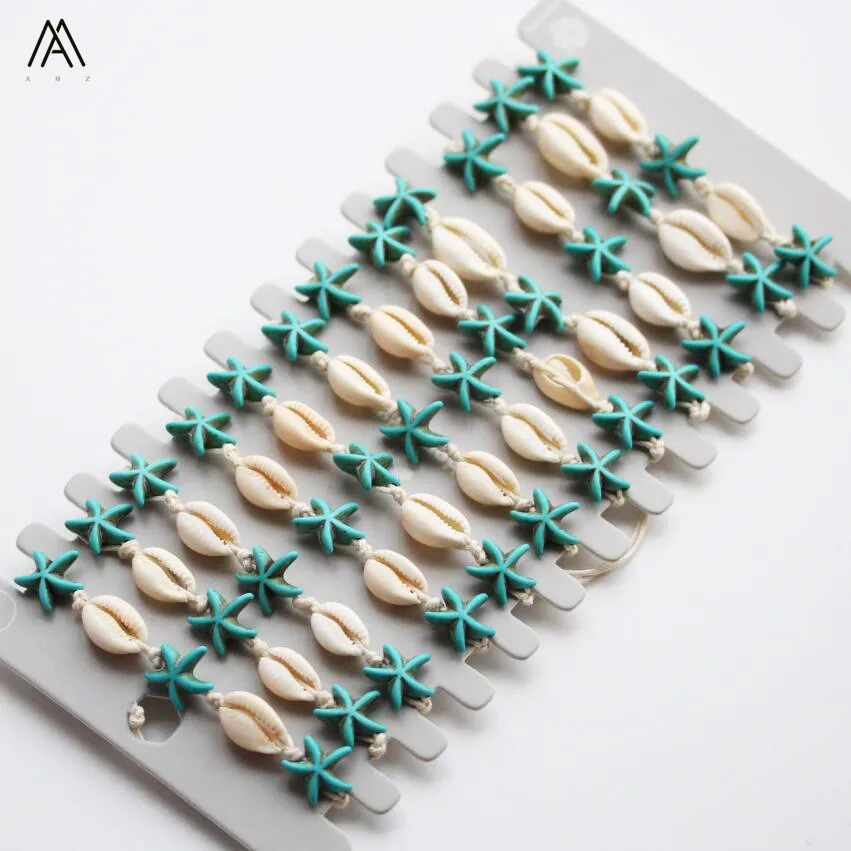 

12pcs/Set Hawaiian Blue Starfish Shell Beads Strands Charms Bracelets,Hand Knit Skeleton Shell Bracelets Summer Jewelry HNLL-08