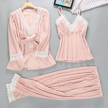

3PCS Female Velvet Pajamas Suit Sexy Sleepwear Lace Patchwork Pijamas Lougne Nightwear Casual Sleep Set Negligee Loose Home Wear