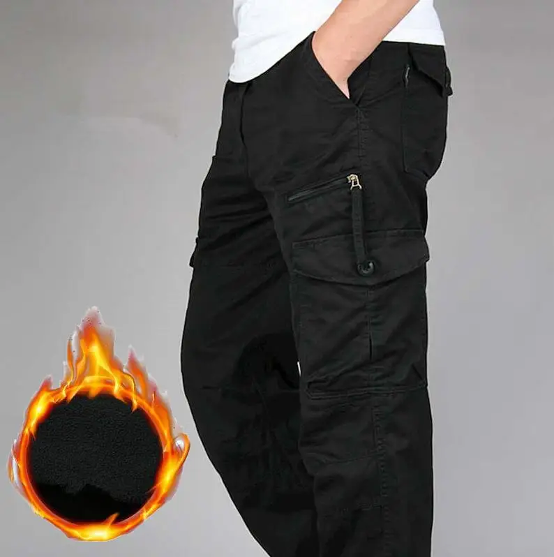 Мужские Зимние флисовые утепленные брюки карго тактические мульти-комбинезоны с карманами мужские армейские свободные брюки армейские военные прямые брюки - Цвет: Black