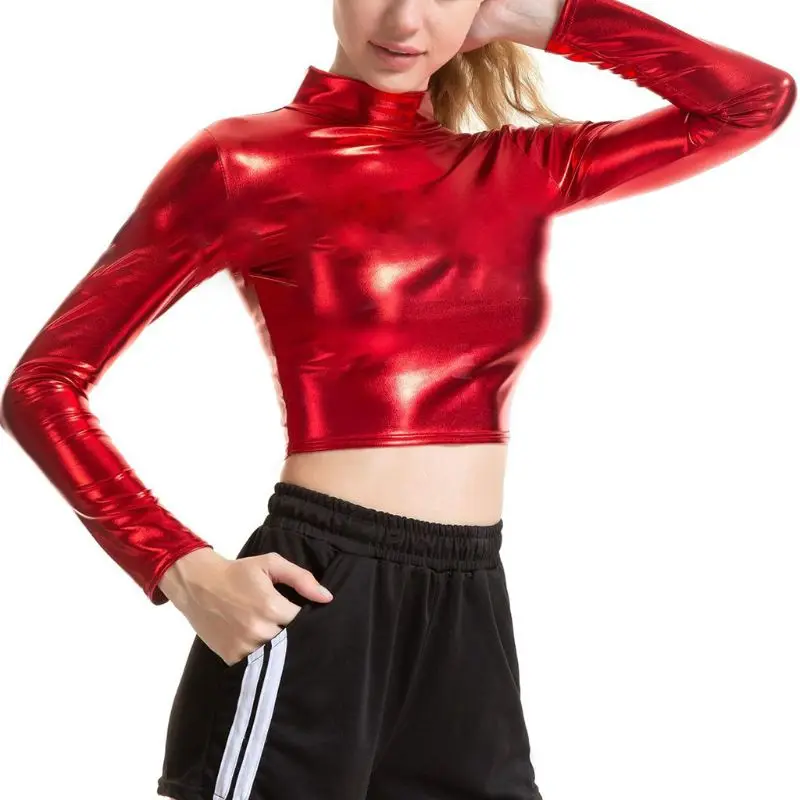 

Womens Long Sleeve Liquid Metallic Crop Top Mock Neck Turtleneck Wetlook Glitter Solid Color T-Shirt Cosplay Clubwear 5 colors