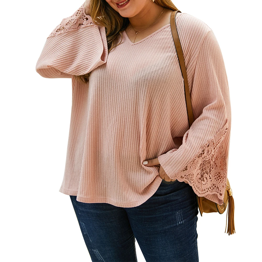 4XL размера плюс трикотажная футболка женская повседневная с расклешенными рукавами женские топы одноцветная Кружевная футболка Женская свободная футболка D30