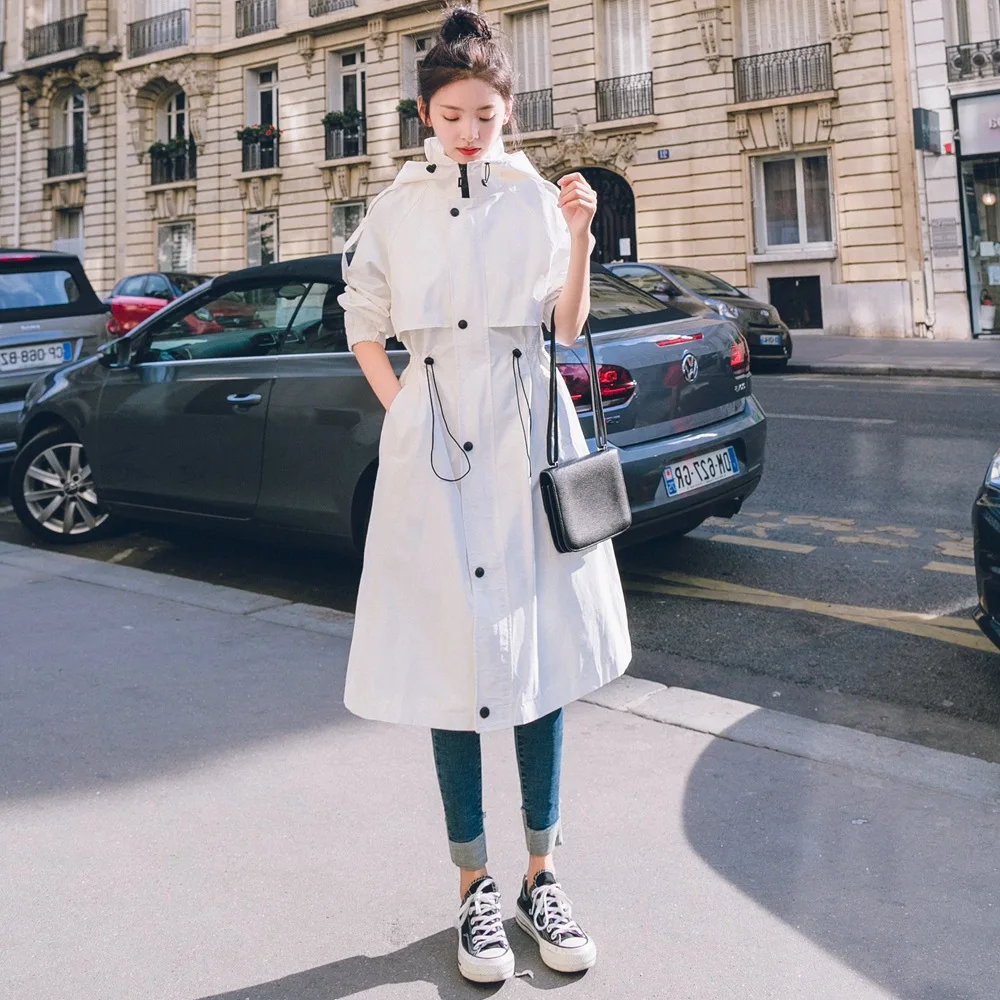 

Photo Shoot Korean Style over-the-Knee Long Coat Women's 2019 Autumn New Style Retro Laziness-Style Drawstring Waist Hugging Hoo