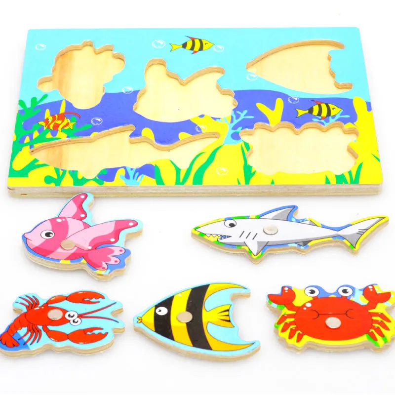 

Cute Educational Baby Aquatic Creatures Wooden Puzzle Toy Parent-child Interaction Magnetic Fishing Toy For Children Gifts