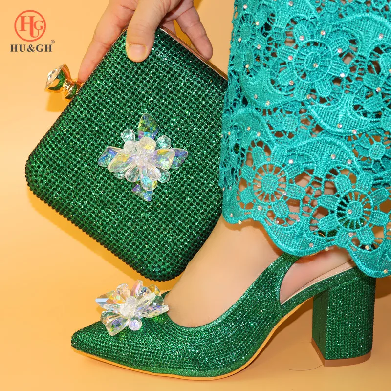 

Green Color African Shoes and Bag set 9cm High heel Pointed Toe Italian shoes with Matching Bag Ladies Rhinestones shoes and bag