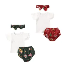 Комплект одежды для маленьких девочек 0-24 месяцев: Рождественская футболка+ шорты на лямках