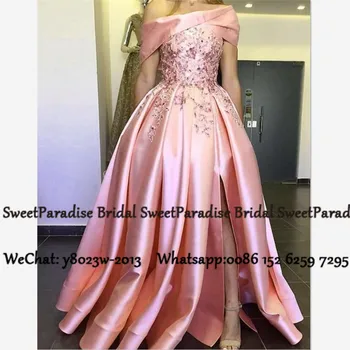 

Pink Satin Mother Of The Bride Dresses With Appliques Beads 2020 Off Shoulder Pleat A Line Women Long Evening Dress Prom Gown