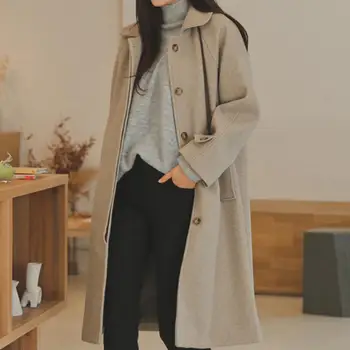 

2019 winter preppy style woolen coat women turn down collar loose wool blends coat