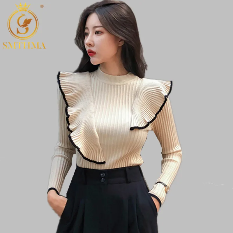 SMTHMA Vintage Ruffles Short Knitted Sweater Women women sweater O Neck Long Sleeve Pullovers Chic Sweet Tops | Женская одежда