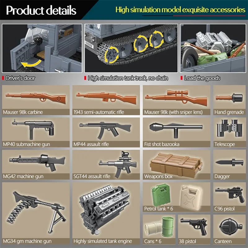  551PCS German Army RSO Armored Truck Military Bricks For Legoing WW2 Vehicles Figures Soldiers Buil