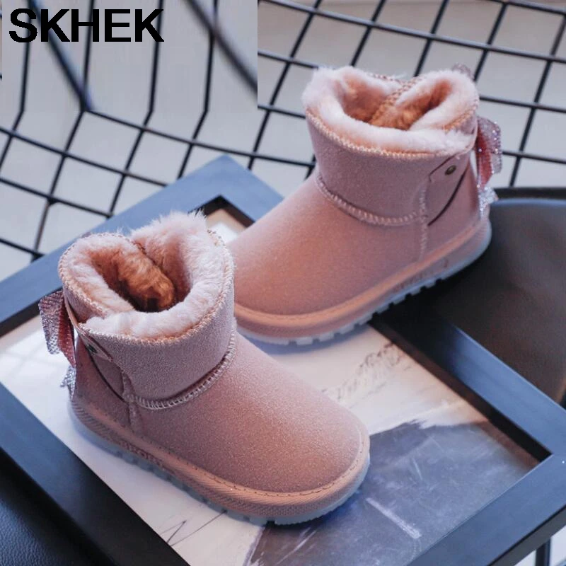 

SKHEK Kids Leather Rabbit Bow Princess Boots Girls Ankle Boots Bownot Cartoon Snow Shoes Warm Fur Inside Shoes botas