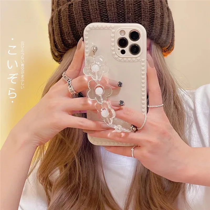 Милый чехол для телефона с сердечками цветами и цепочкой iphone 11 12 Pro Max MiNi XR X XS 7 8 plus