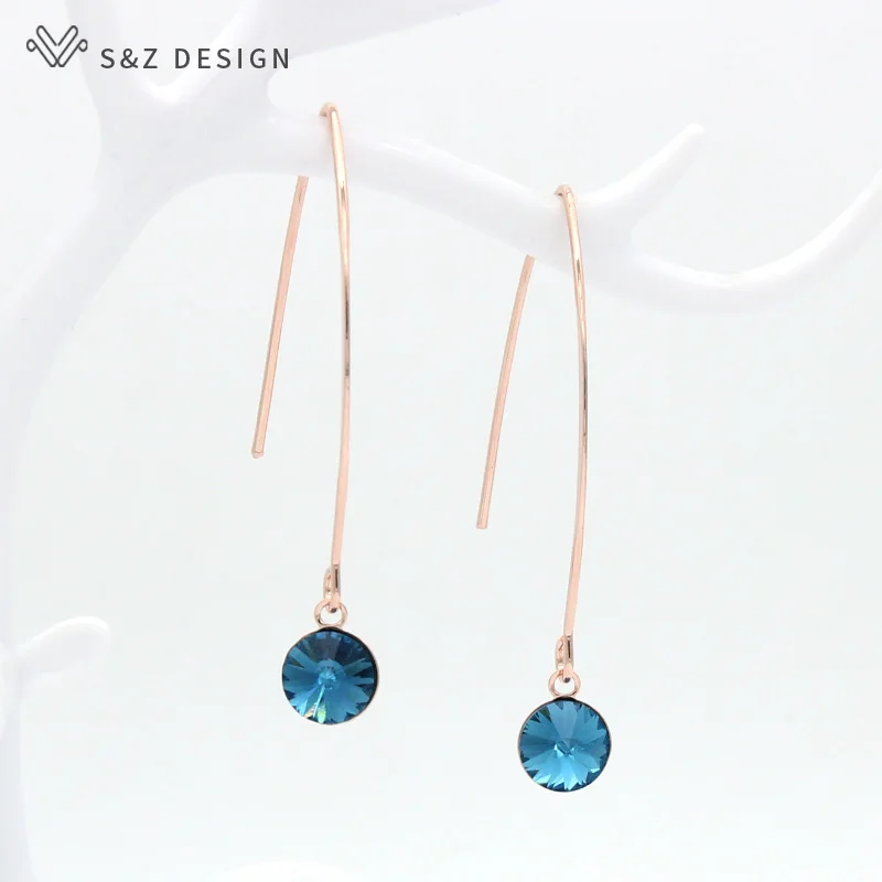 S&Z DESIGN New Fashion Long Round Colorful Crystal Dangle Earrings For Women Girl Wedding Jewelry 585 Rose Gold Color Eardrop