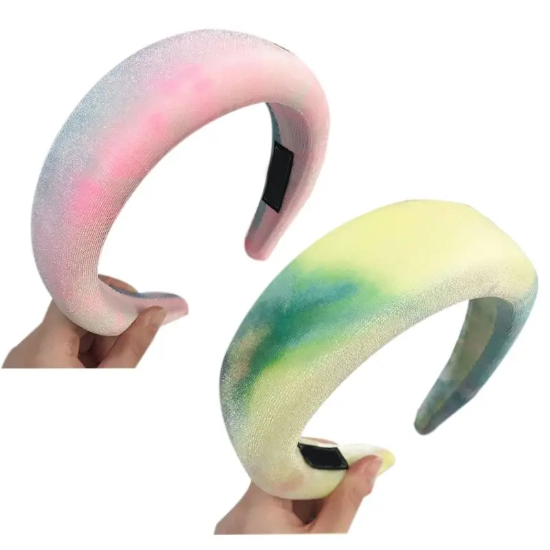 

Women Vintage Thick Sponge Padded Bandana Gradient Tie-Dye Velvet Wide Hair Hoop