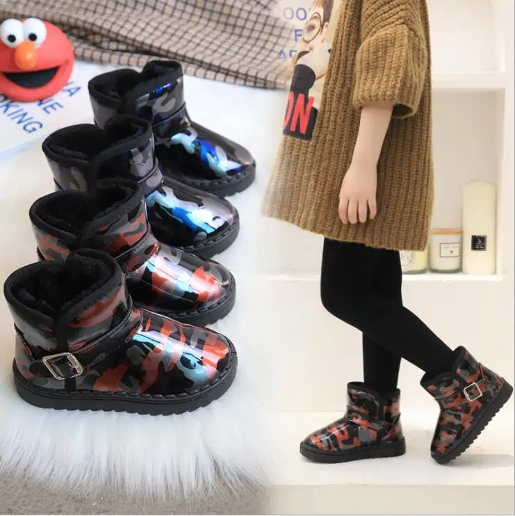 Children snow boots winter Shoes Girl Boy plus velvet warm leather boots waterproof non-slip kids cotton shoes Camouflage boots