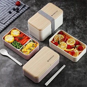 

Leak-Proof Microwave Double Layer Lunch Box Wooden Portable Container Box Lunch Box with Cutlery School Office Microwave Z0227