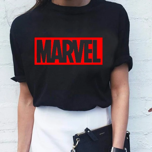 Женские топы, футболка с принтом Marvel, футболка для полных повседневных футболок, белые топы, уличная женская одежда