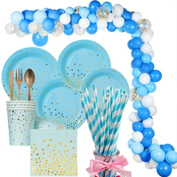 

Gold dot Disposable Tableware Blue Paper Plate Cup Napkin Baby Shower kids boy 1st Birthday Party Decoration balloon Supplies
