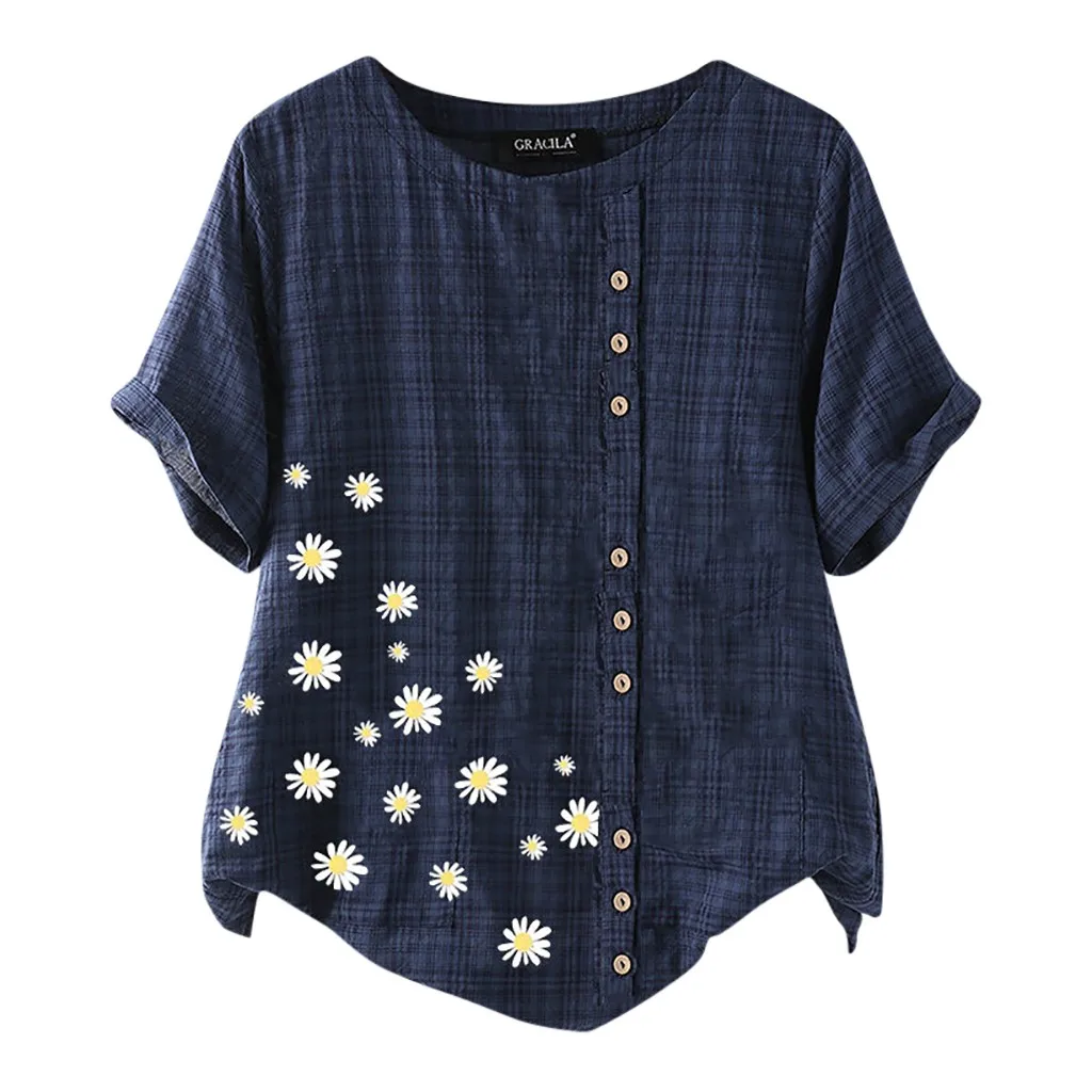 5xl de talla grande con estampado Floral camisa botones manga corta blusas de cuello suelto Casual camisas blusa Vintage Туника Женская