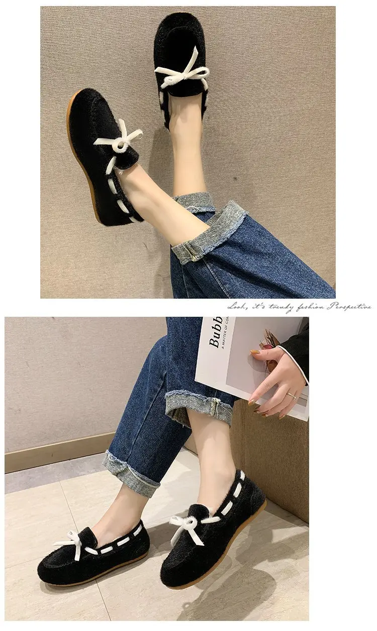 women Korean casual round toe shallow loafers winter warm lace-up bow-tied slip on moccasins brand sewing fur cotton shoes