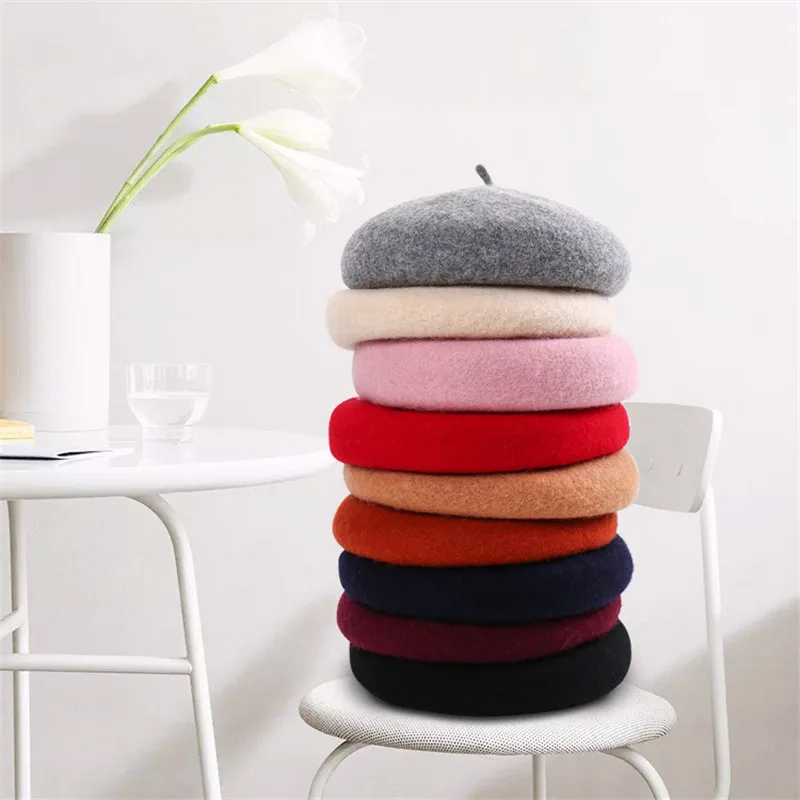Cheap Vintage Plain Beret Hats Women Girls Artist Beret Warm Wool