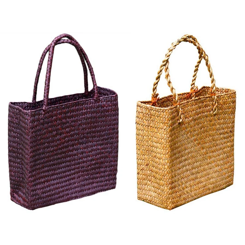 

2Pcs Fashion Straw Summer Women Beach Handbags Female Flap Handbags Designer Lady Retro Rattan Handmade Tote Bag(Yellow&Coffee)