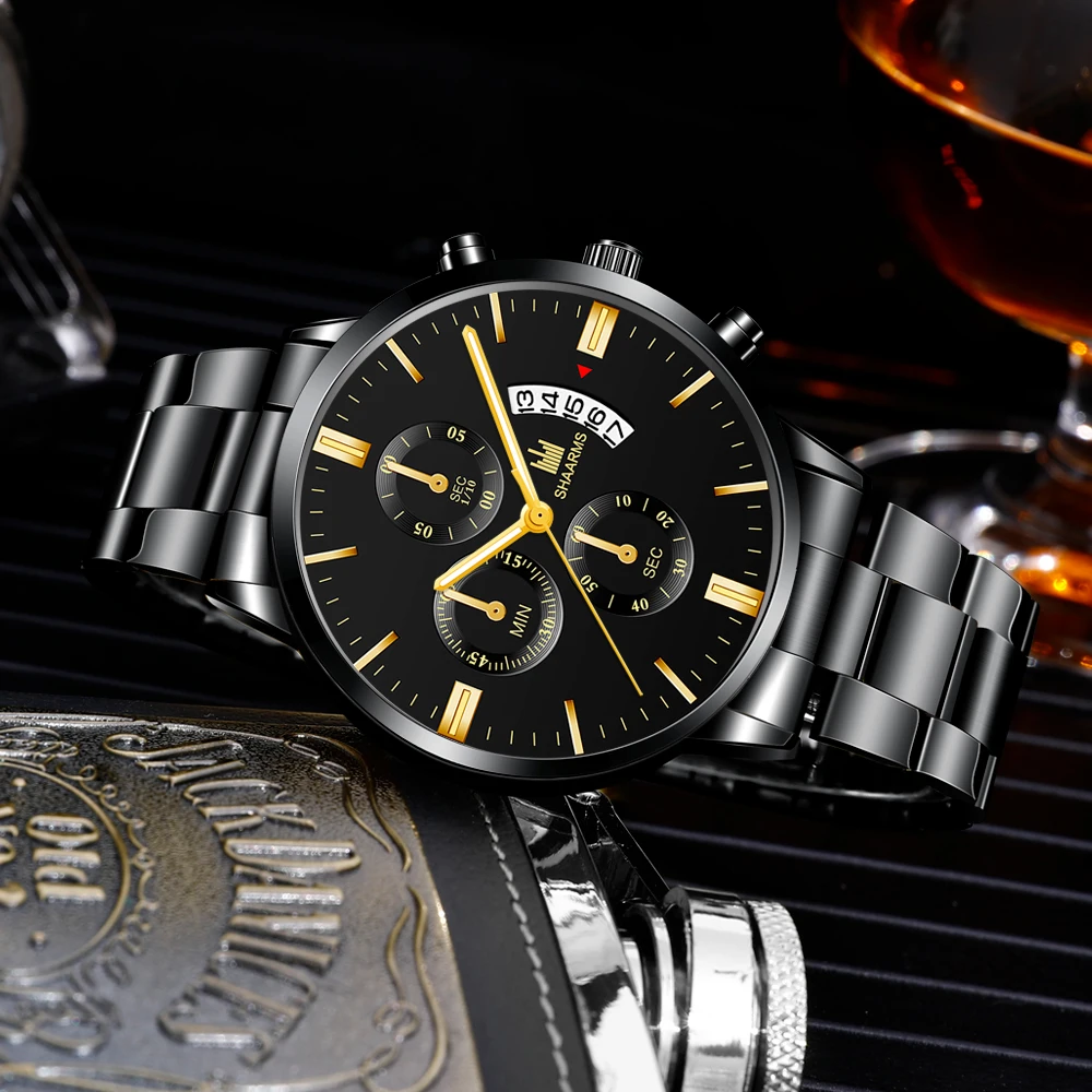 2019 Men luxury business Military Quartz watch golden stainless steel band men watches Date calendar male clock Relogio direct