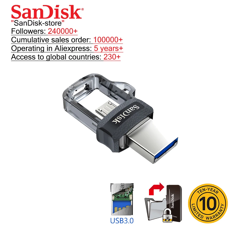 Sandisk 100% Оригинальный мини USB 3,0 двойной OTG USB флэш-накопитель 16 ГБ 32 ГБ 64 Гб 128 Гб флешки для Android телефона 10 лет гарантии