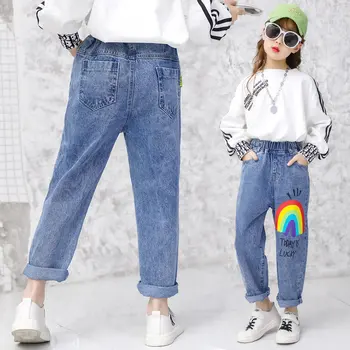 

2020 Spring Kids Jeans Pants For Girls Casual Cartoon Rainbow Pattern Girls Jeans Pants Autumn Casual Girls Trousers 6 8 10 12Y