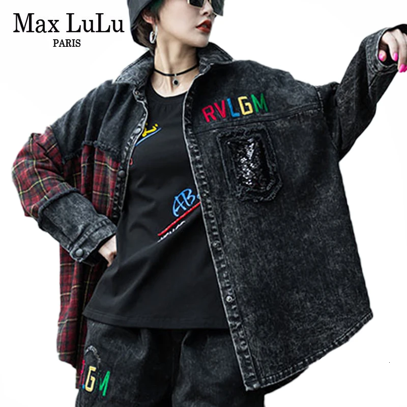 Max LuLu зимние корейские модные уличные женские джинсовые рубашки женские блузки с вышивкой винтажные рваные клетчатые Топы Плюс Размер