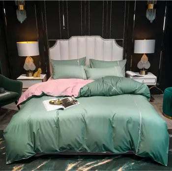 

100% Cotton Solid Color Bedding Set King Queen size Green Pink AB double-side Duvet Cover flat sheet Pillowcase Home Textile