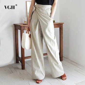 

VGH Lace Up Bow Irregular Trousers For Women High Waist Casual Loose Autumn Wide Leg Pants Female Fashion 2020 Spring Clothing