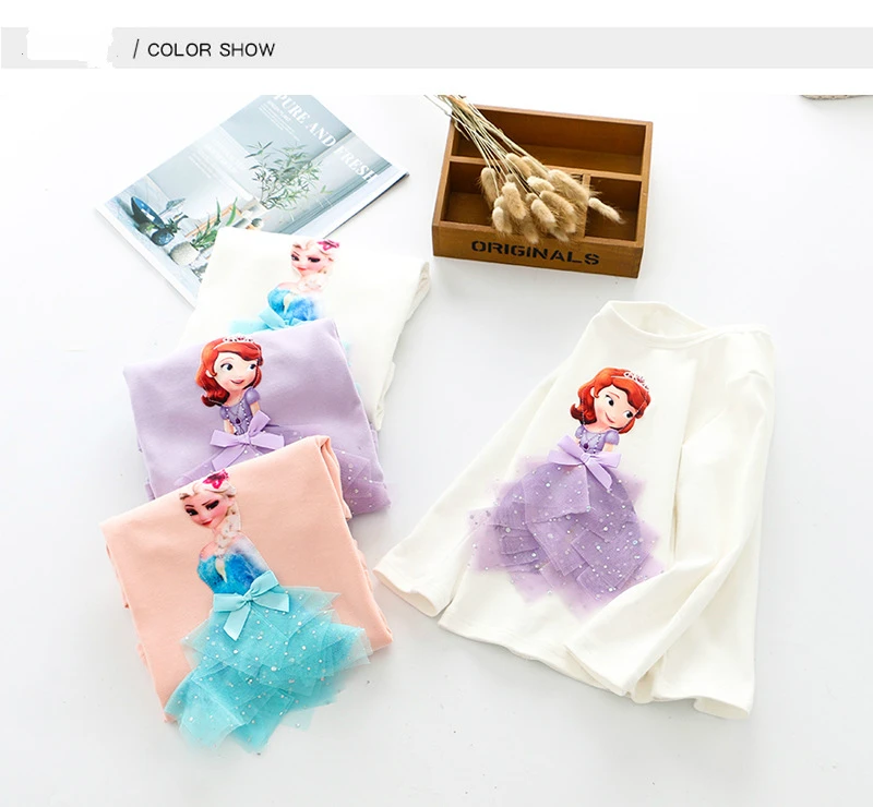 Fashion Long Sleeve T Shirt Cartoon 3D Lace Princess Shirts Elsa/sofia T Shirts Children Outfits Tops Basic Clothing