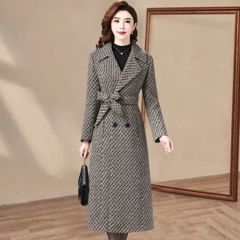 

Autumn Winter Wool Windbreaker Female Outerwear Korean Thicke Mother Woolan Coat Fashion Long Oversize Plaid Overcoat Women