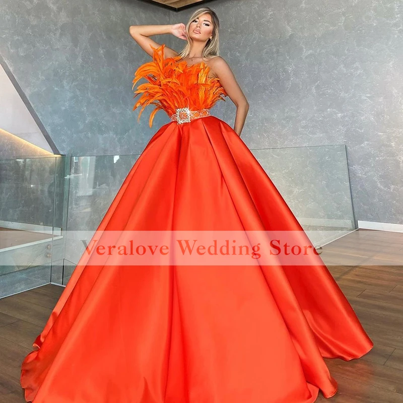 Orange Prom Dress Ball Gown Sweetheart African Black Girl Formal Evening Gowns with Feather Satin Vestidos De Part Gowns plus size prom dresses