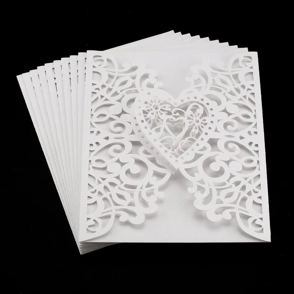  10 Pcs Heart Wedding Invitation Cards Laser Cut Hollow Out Envelopes Seals Invitation Covers Weddin - 4.00013E+12