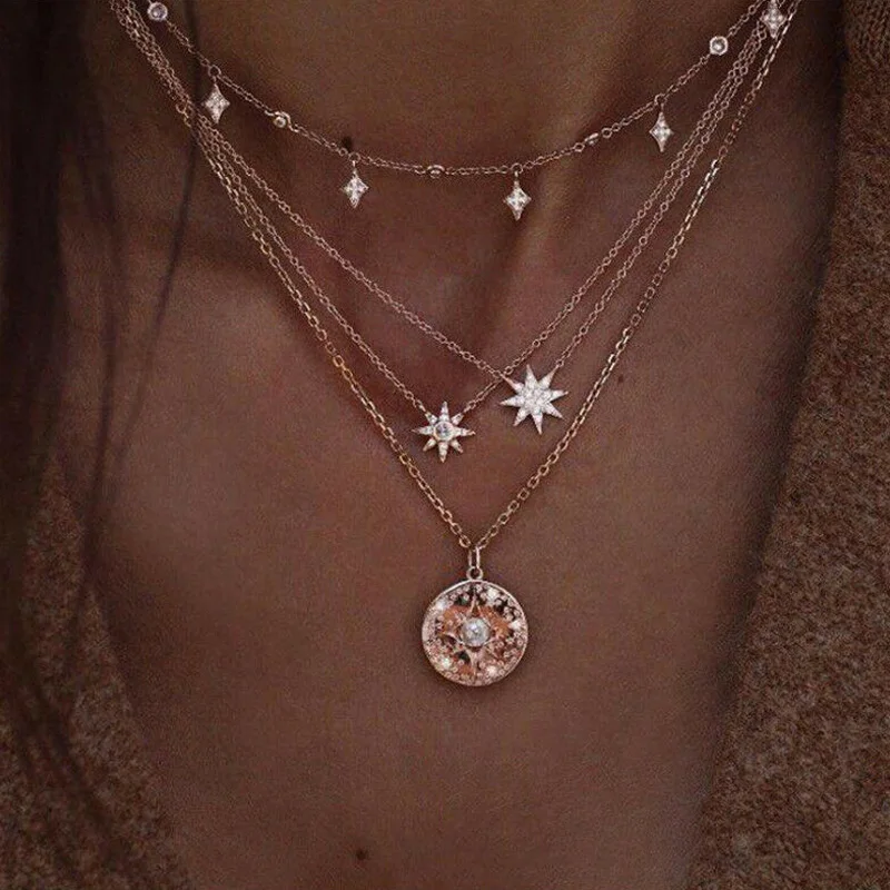 Модное винтажное многослойное золотое ожерелье для женщин, ожерелье на цепочке со звездами и кристаллами, кулоны, бохо колье, ювелирные изделия, аксессуар, подарок