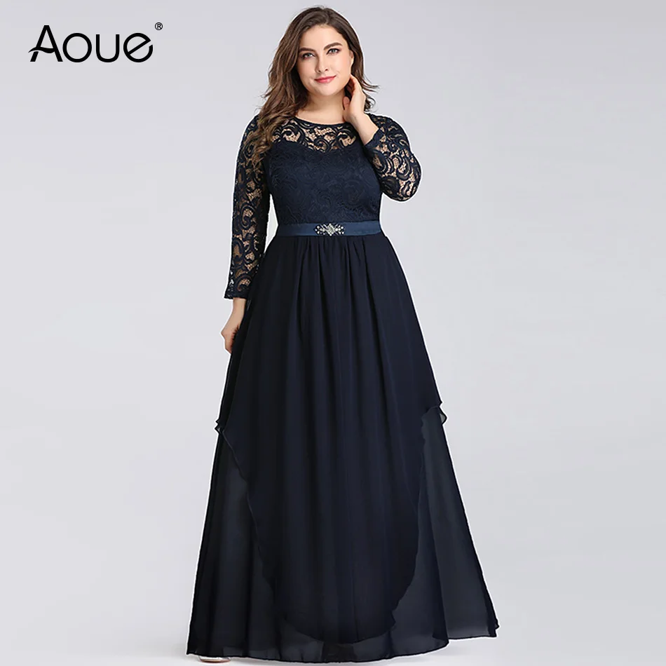

Aoue Plus Size Evening Dresses Long Elegant Long Sleeve A-line Lace Chiffon Navy Blue Winter Wedding Guest Dresses