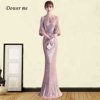 

Shiny Sequin Evening Dress GK075 Champagne Mermaid Women Party Dresses O-Neck Half Sleeve Robe De Soiree Zipper Formal Gowns