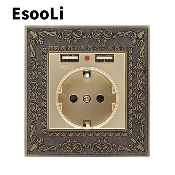 

EsooLi Grey 16A EU Standard Gold Power Socket 4D Embossing Retro Zinc Alloy Panel Wall Power Socket AC 110~250V