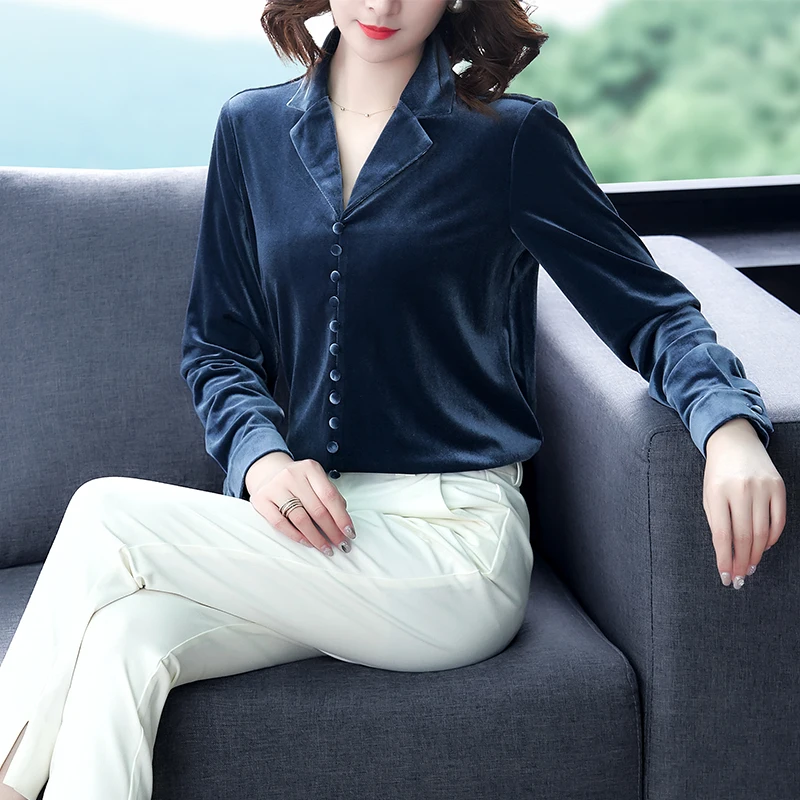 

COIGARSAM Casual Full Sleeve Shirt Womens tops New Spring Brief Office Lady Chiffon Loose Women shirts Blue 6069