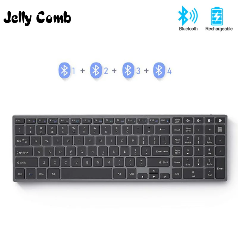 Windows iOS Android-Black Jelly Comb Rechargeable Slim BT Wireless Keyboard with Number Pad Full Size Design for Laptop Desktop PC Tablet Bluetooth Keyboard