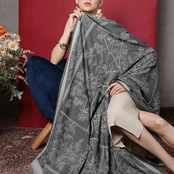 

Gray Reversible Embroidery Flower Cachecol Feminino Muslim Hijab Young Lady Shawls Cashmere Blend Ultra Long Wrap Pashmina
