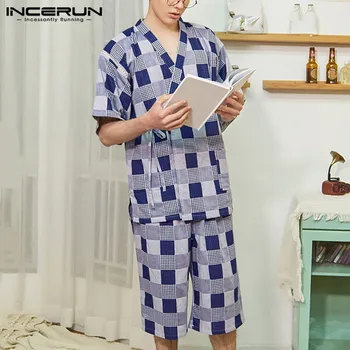 

Men Plaid Pajamas Sets Cozy Homewear Short Sleeve Lace Up Sleepwear Shorts 2020 Leisure Japanese Kimono Men Pyjamas Suit INCERUN