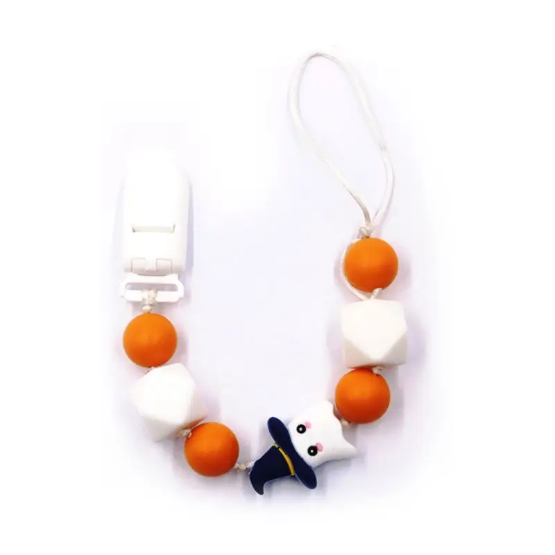 Хэллоуин летучая мышь силиконовая соска с бусами зажимы цепь для младенца кормления малыша жевательная игрушка BPA бесплатно Соска-пустышка поводок ремень - Цвет: 30-Orange White